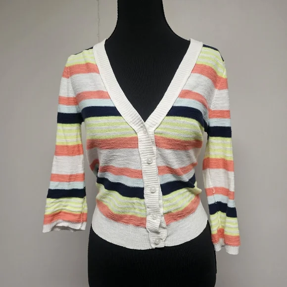 Arizona Jeans Y2k Cropped Roll Tab Sleeve Striped Cardigans Coral Green White - Picture 3 of 12